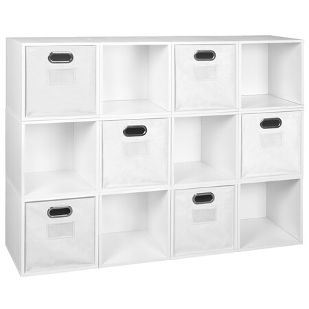 Niche Cubo Storage Organizer Open Bookshelf Set- 12 Cubes 6 Canvas Bins- White Wood Grain/White
